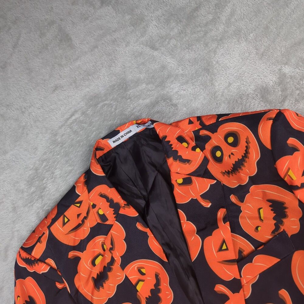 Spirit Halloween Pumpkin Suit Jacket Blazer Mens XL 46 48 Jack O Lantern & Tie
